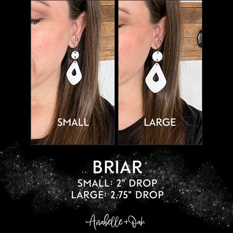 Earring display showing small and large Briar earrings with measurements and brand name.