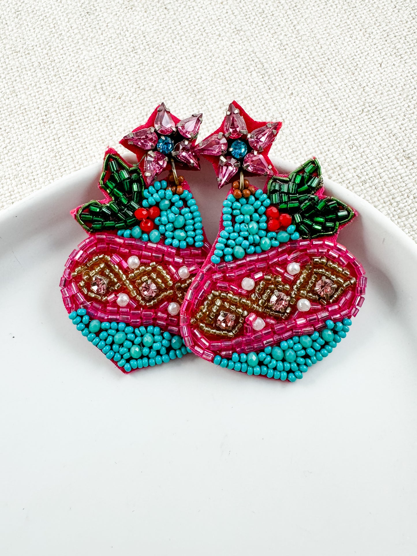 Holiday Jewel Earrings, Teal & Pink