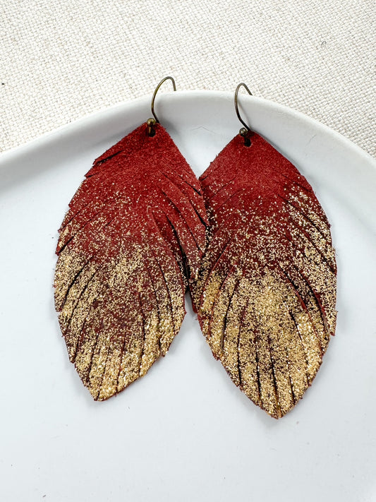 Stardust Feather Earrings, Maroon