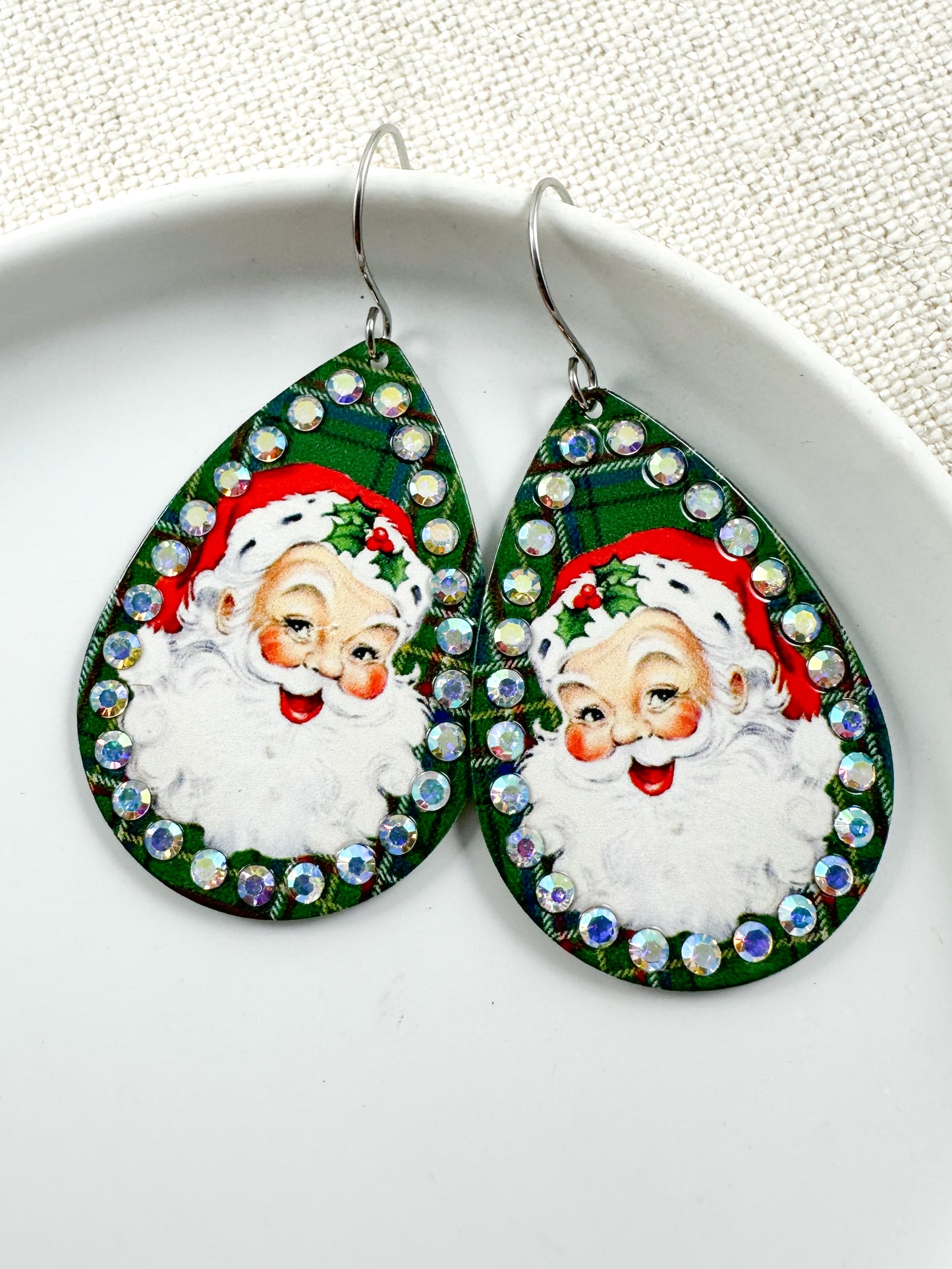 Jolly Saint Nick Earrings, Green Plaid