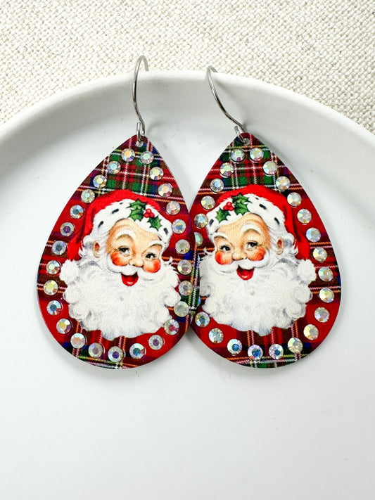 Jolly Saint Nick Earrings, Red Plaid