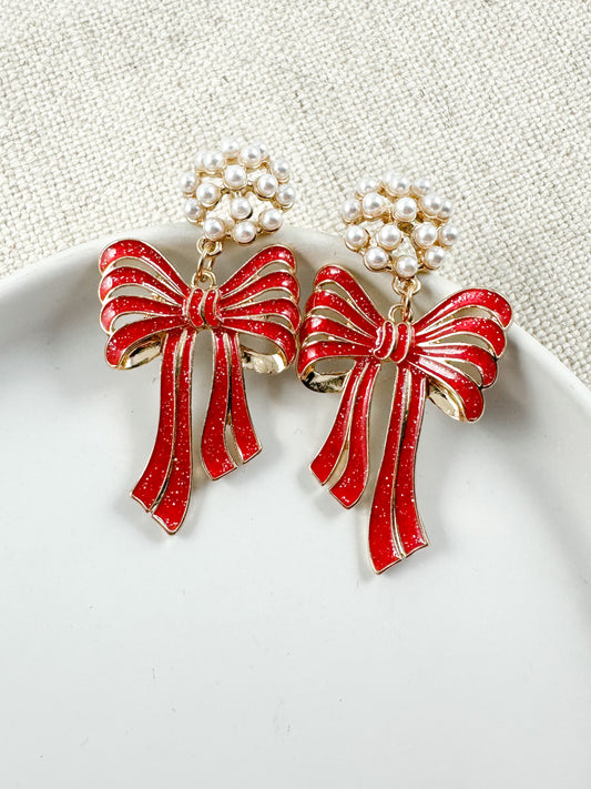 Bows & Pearls Earrings, Red
