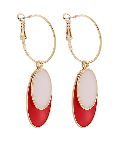 Convertible gold hoops with red and white geometric drops shown on white background
