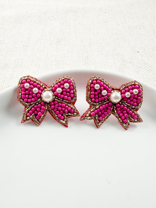 Pearl Pop Bow Studs, Hot Pink
