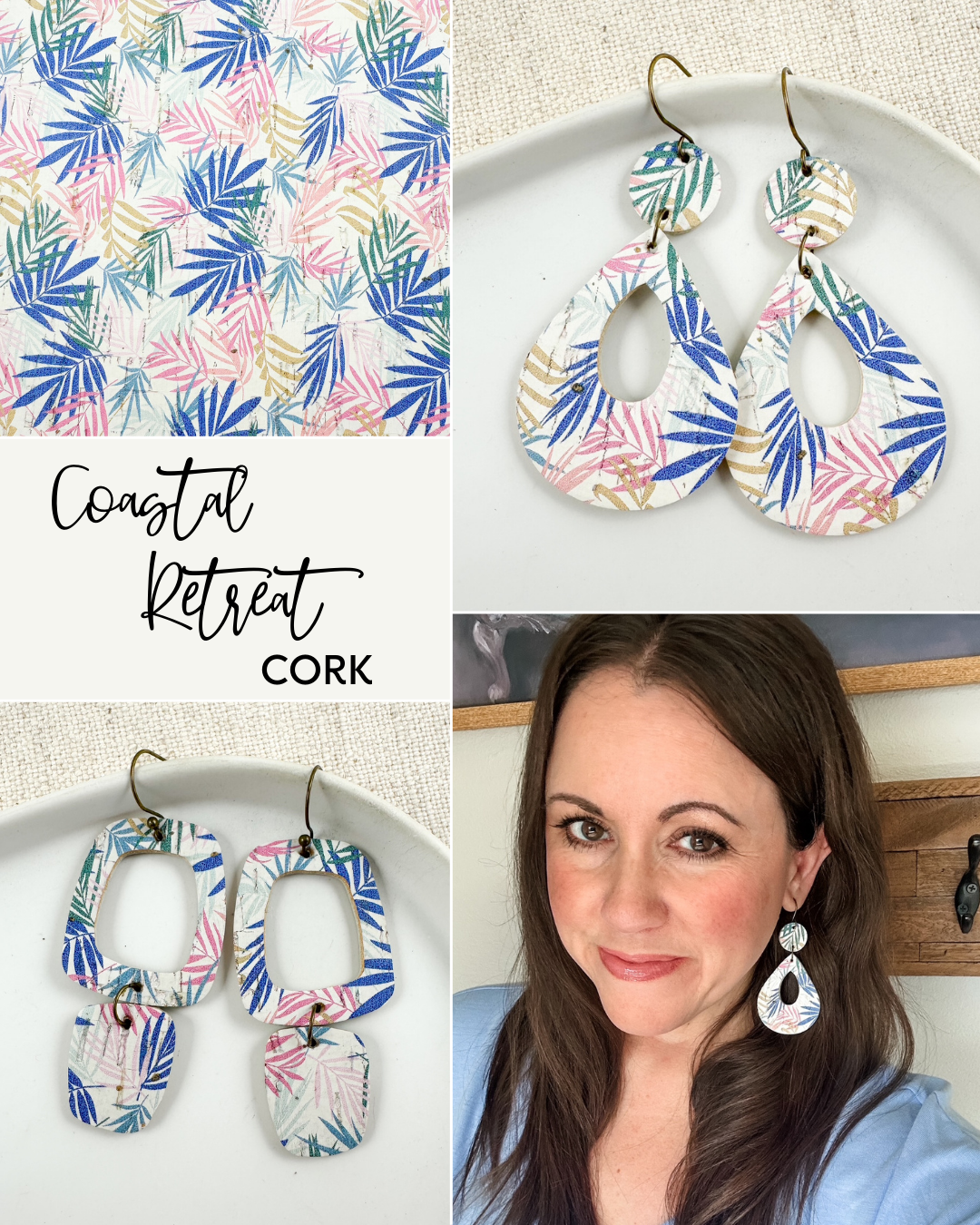 Collage of colorful cork earrings with a tropical pattern, displayed on a white surface.