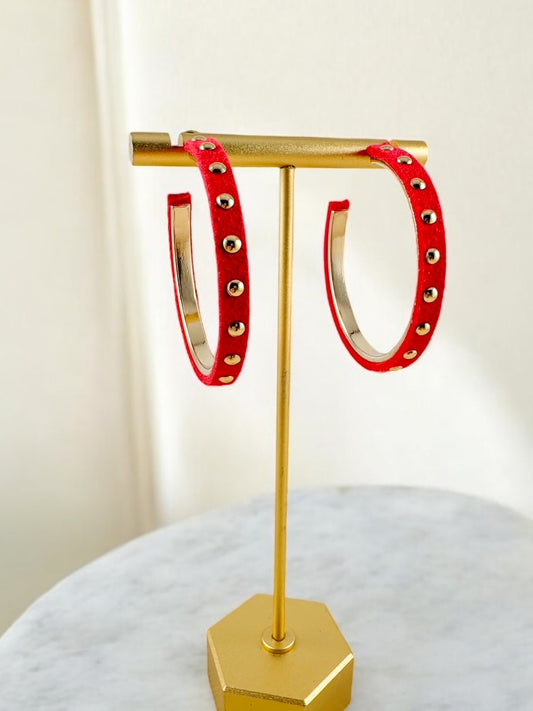 Studded Suede Hoops, Red