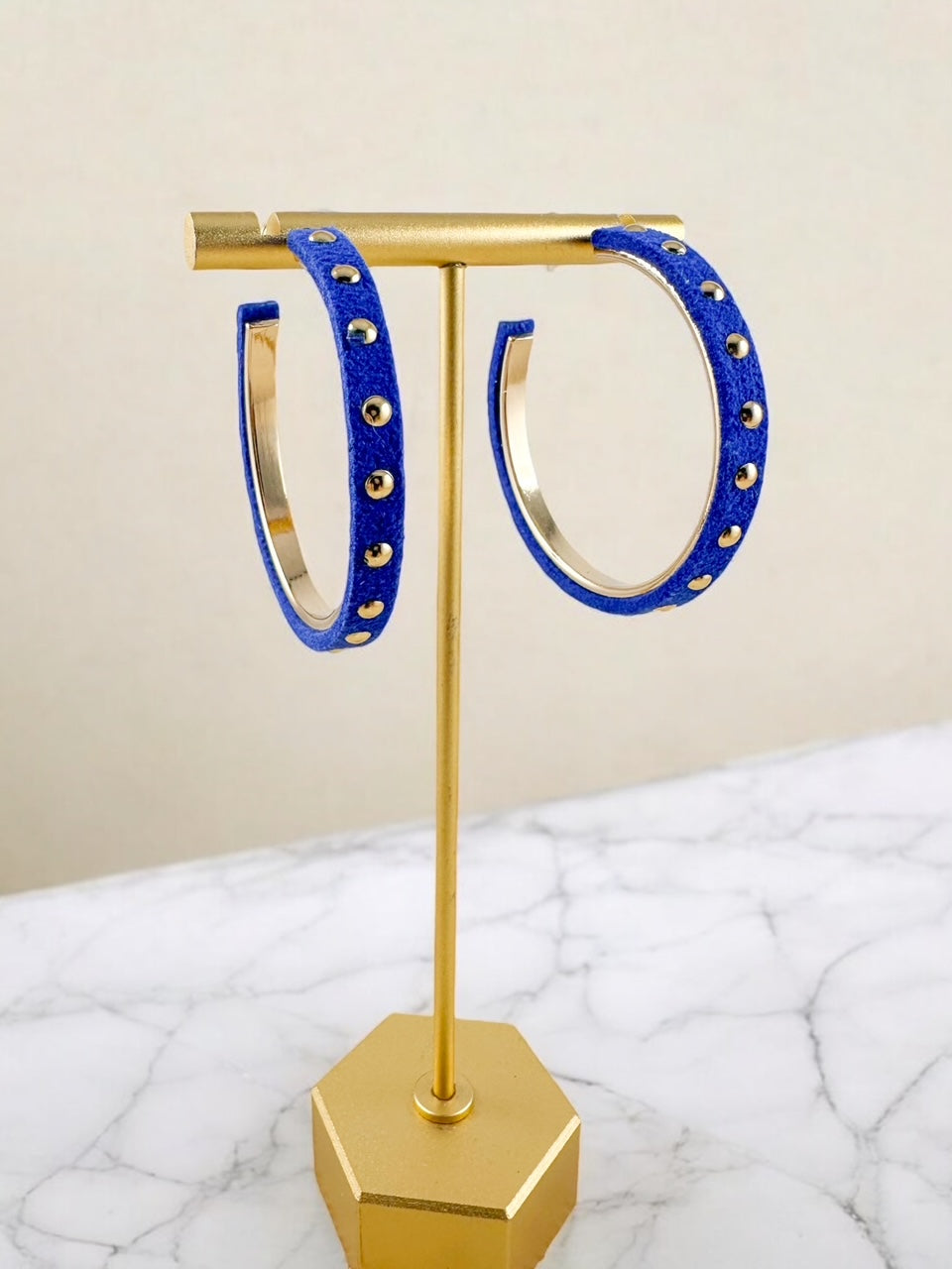 Studded Suede Hoops, Cobalt Blue