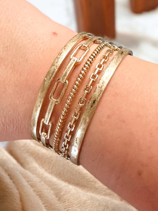 Chain Link Cuff Bracelet, Worn Gold