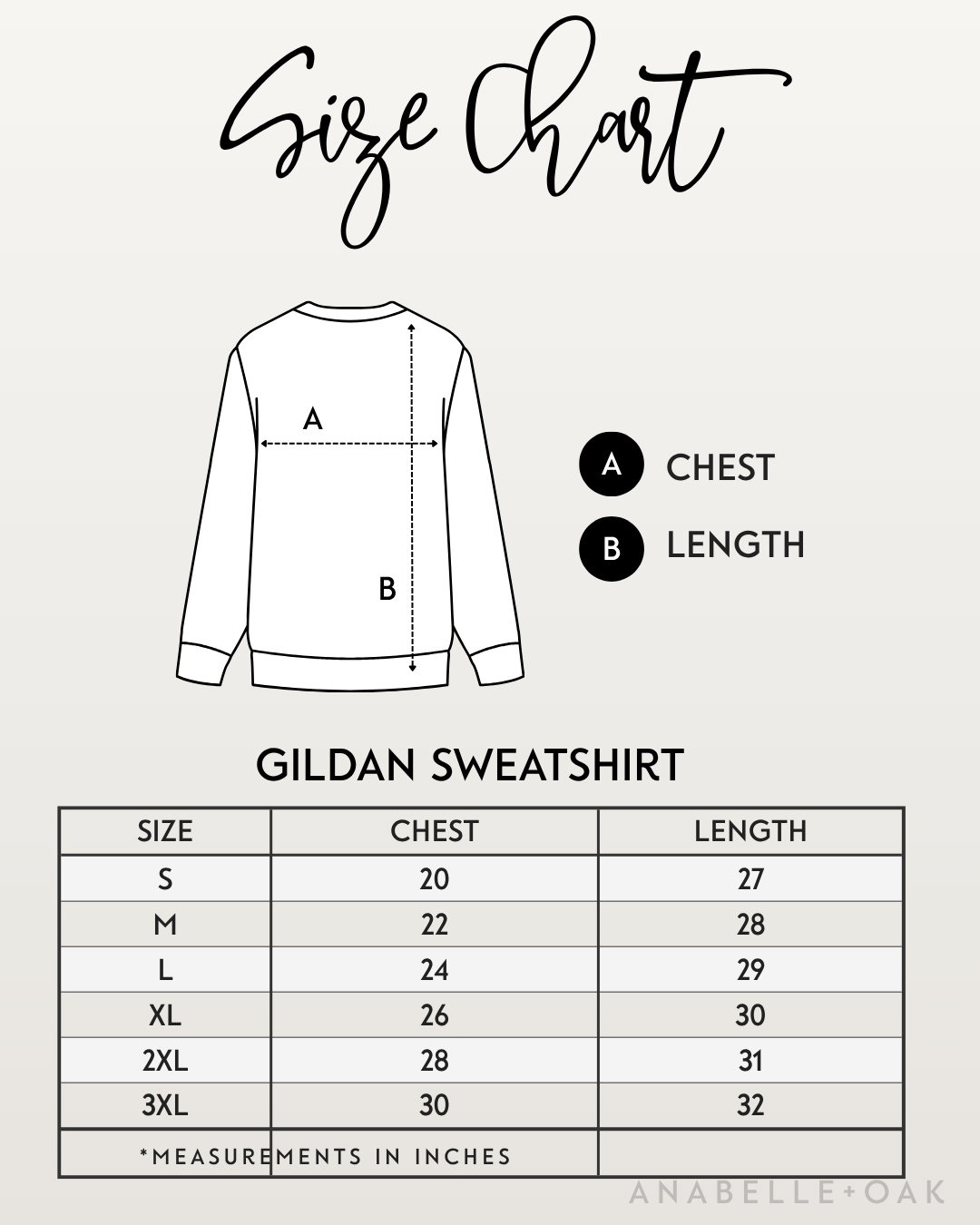 Gildan crewneck sweatshirt size chart with chest and length measurements for sizes S–3XL