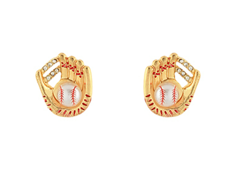 Gold baseball glove stud earrings with pearl baseball centers displayed on white background