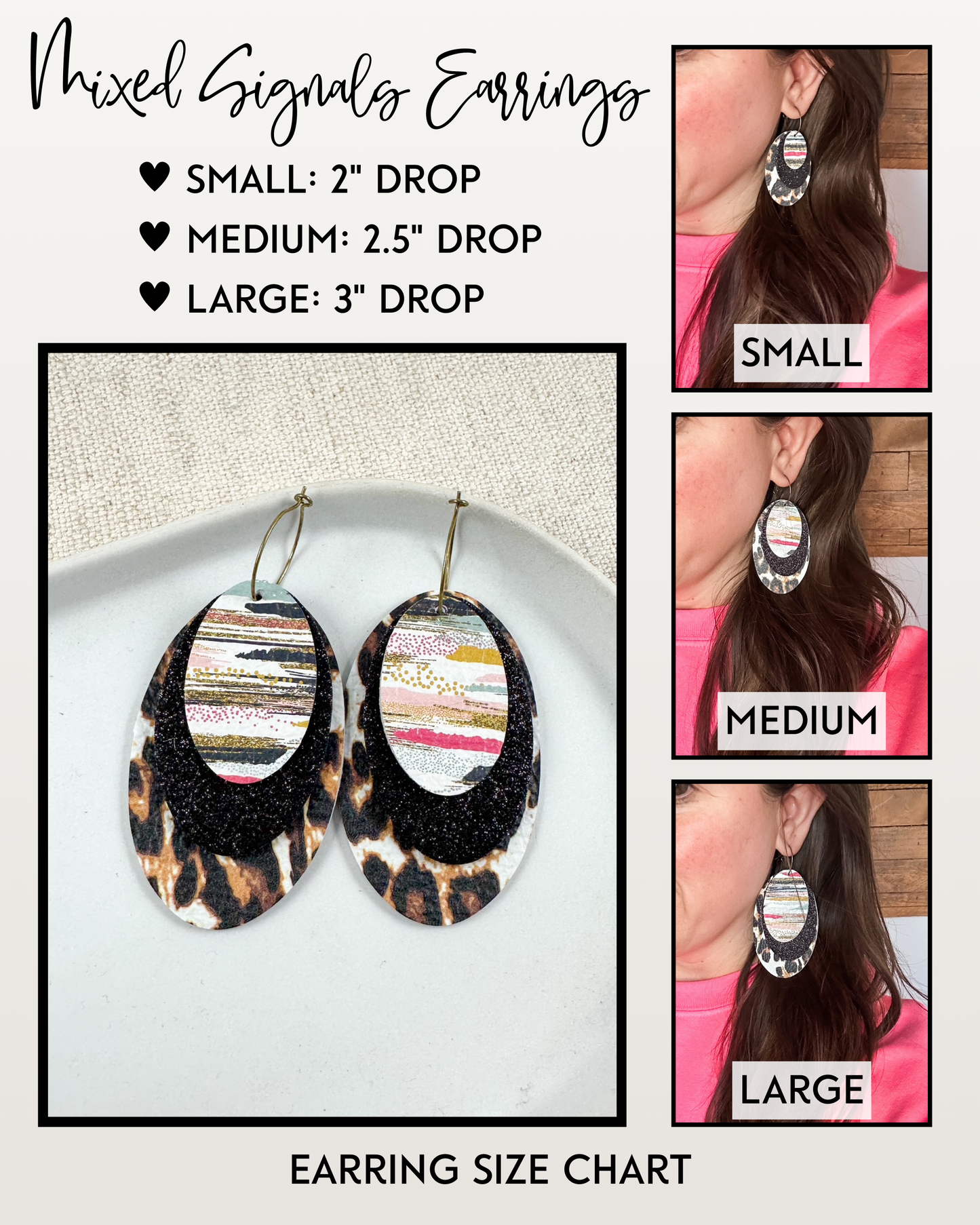 Mixed Signals leather earrings shown in small, medium, and large sizes with labeled drop lengths, including a flat lay on a white dish and side-by-side photos worn on the ear for scale