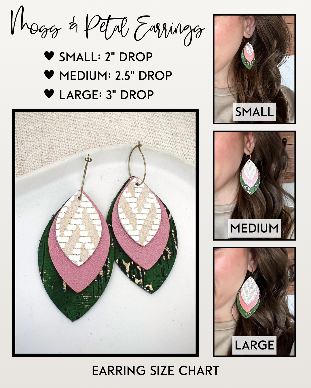 Earring size chart for Moss & Petal layered genuine leather hoop earrings showing small 2 inch drop, medium 2.5 inch drop, and large 3 inch drop with modeled examples.