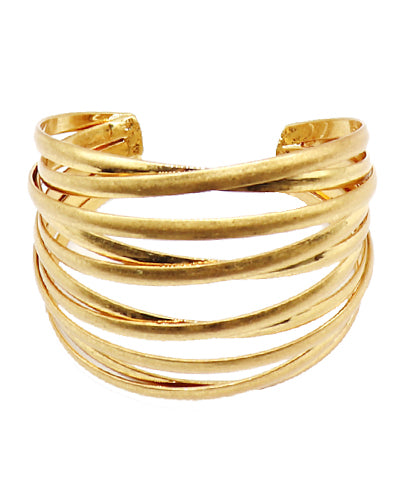 worn gold wrap style cuff bracelet displayed upright showing layered band design