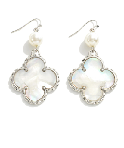 Silver Clover Drop Earrings with Pearl Accent