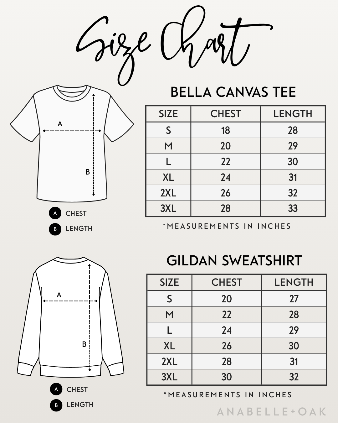Bella+Canvas tee and Gildan sweatshirt size chart for unisex sizes S–3XL with chest and length measurements in inches.