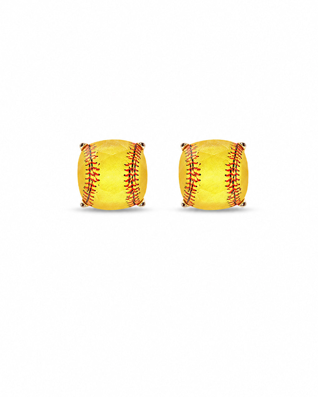 Front view of 5/8-inch softball stud earrings with a yellow softball design.