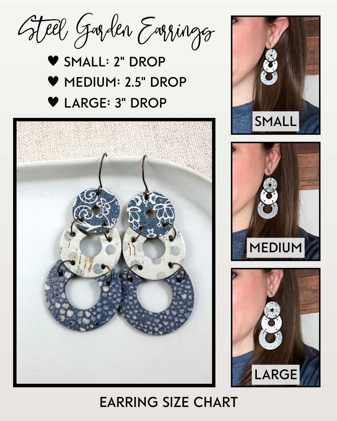 Steel Garden earrings with size chart and model wearing earrings