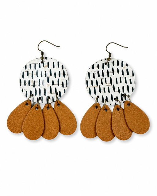 Timeless Terrain handmade cork and genuine leather statement earrings on a white background with antique brass hooks.