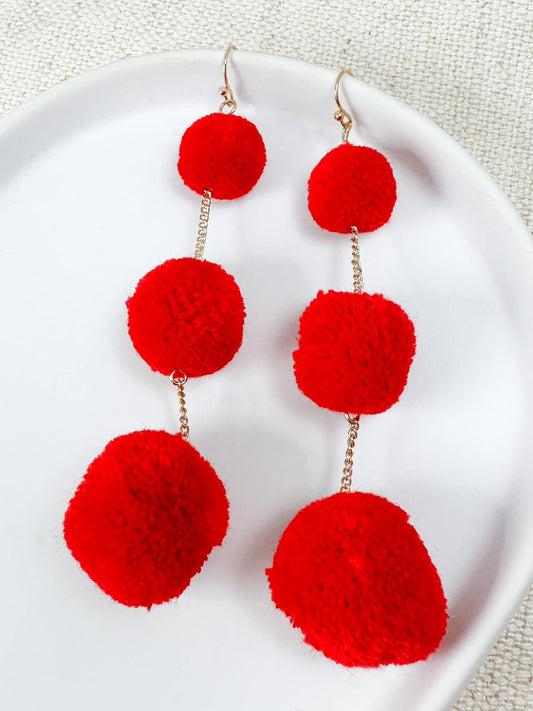 Pom Pom Trio Earrings, Red