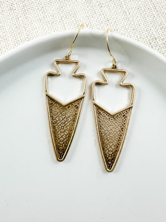 Championship Arrowhead Earrings, Worn Gold