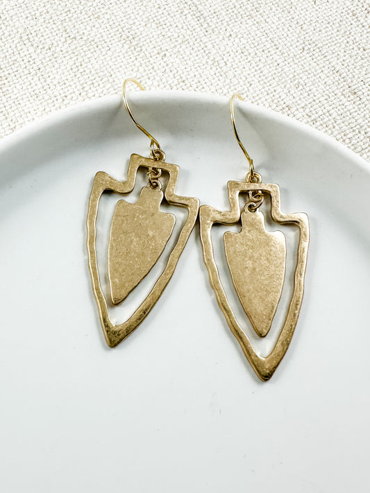 Double Arrowhead Earrings, Worn Gold