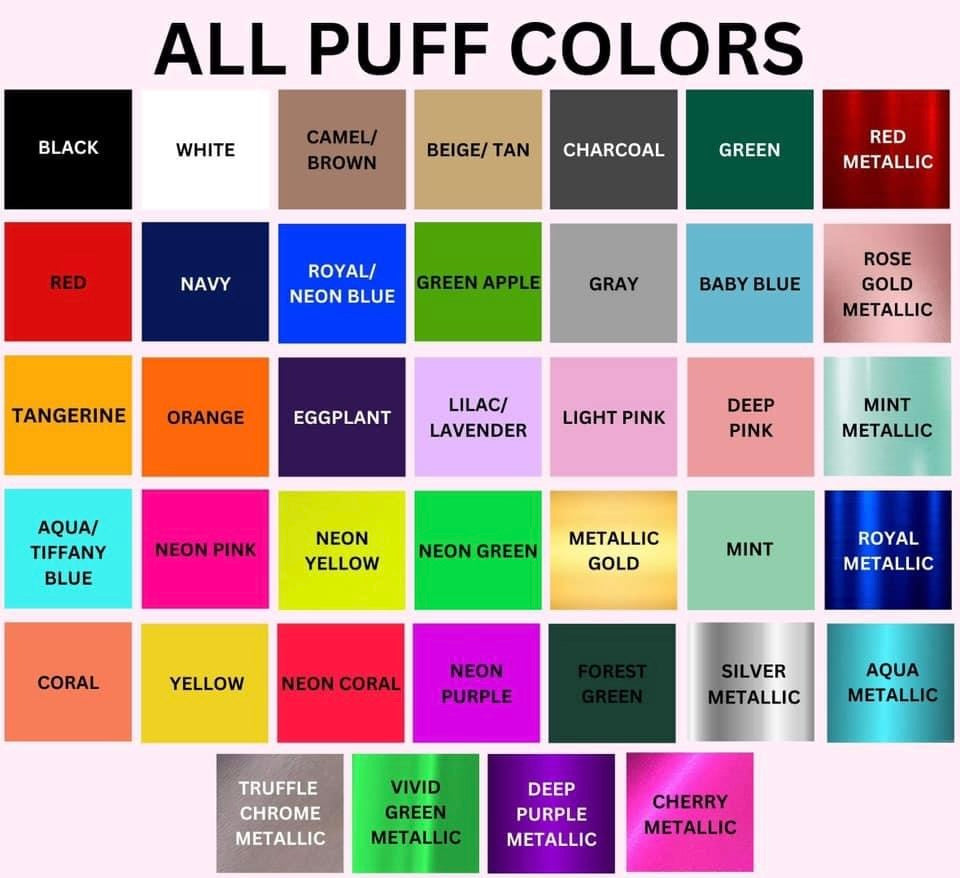 Color chart showing the available puff lettering colors customers can choose for their Wild Script Tee.