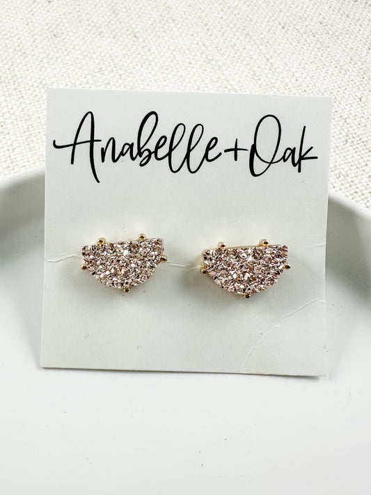 Metallic Crescent Druzy Studs, Rose Gold