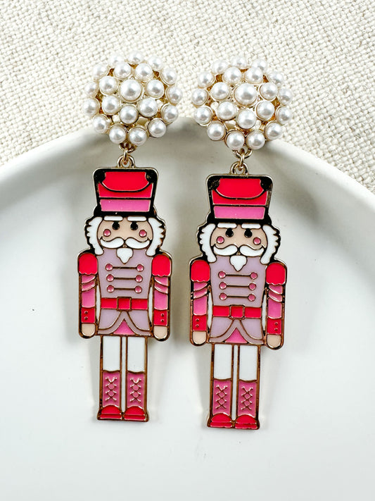 Nutcracker & Pearls Earrings, Hot Pink