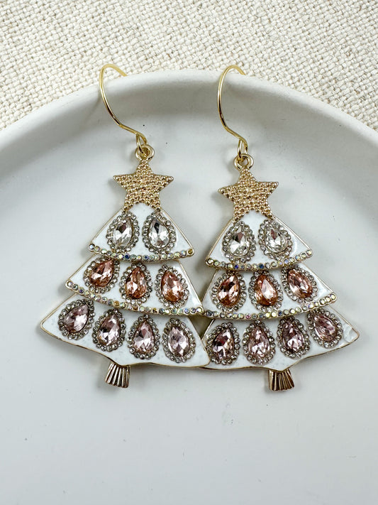 Jewel-Lit Tree Earrings, White