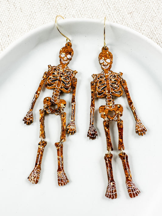 Glitter Skeleton Earrings, Orange