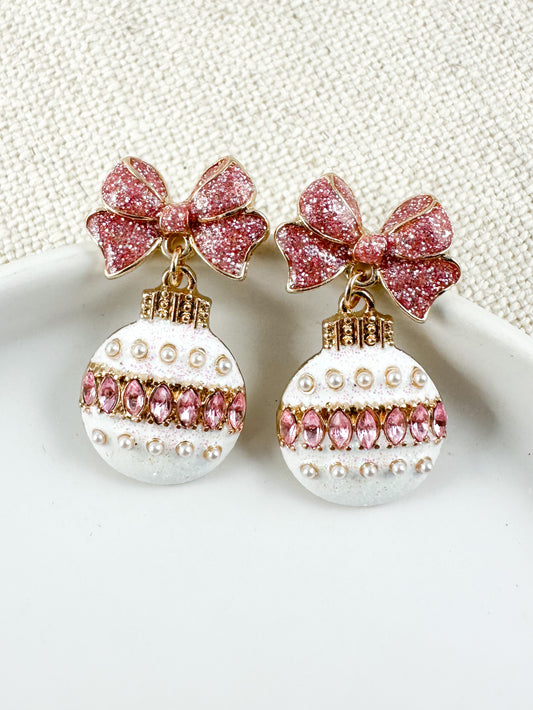 Deck the Bows Earrings, Pink & White