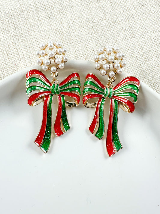 Bows & Pearls Earrings, Red & Green