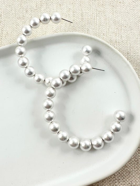 Beaded Glam Hoops, Matte Silver