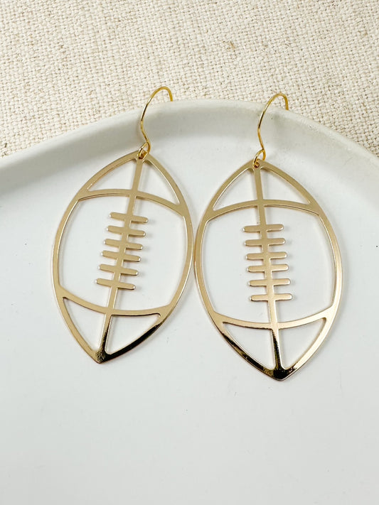 Gold football-shaped outline earrings with 2-inch drop and polished finish