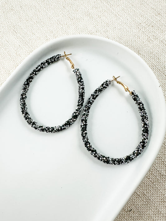 Crystal Spire Hoops, Jet Black & Silver