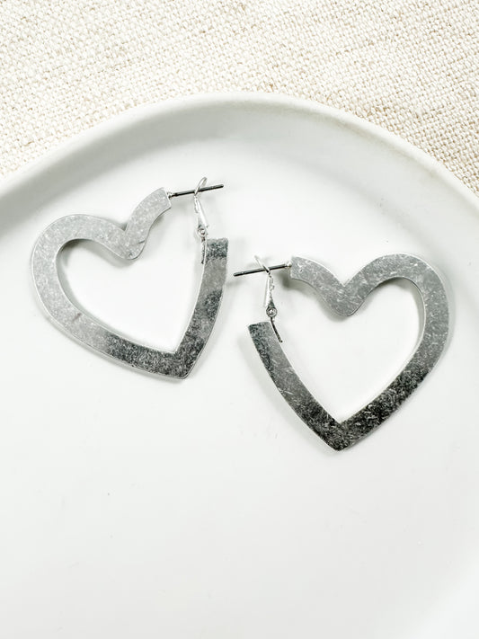 Hammered Heart Hoops, Silver