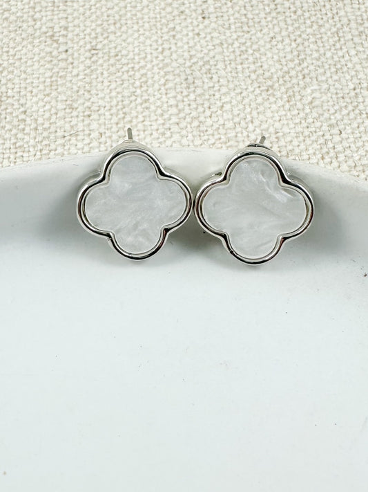 Refined Clover Studs, White & Silver