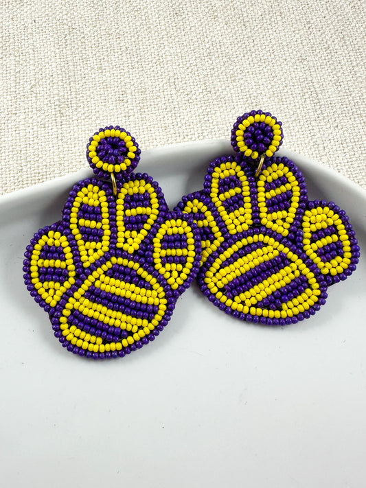 Victory Paw Earrings, Purple & Yellow