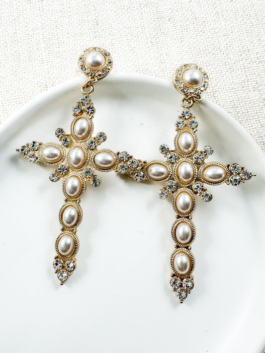 Pearl Gothic Cross Earrings