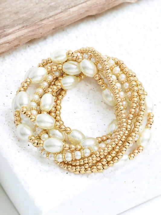 Pearl & Bead Bracelet Set, Gold
