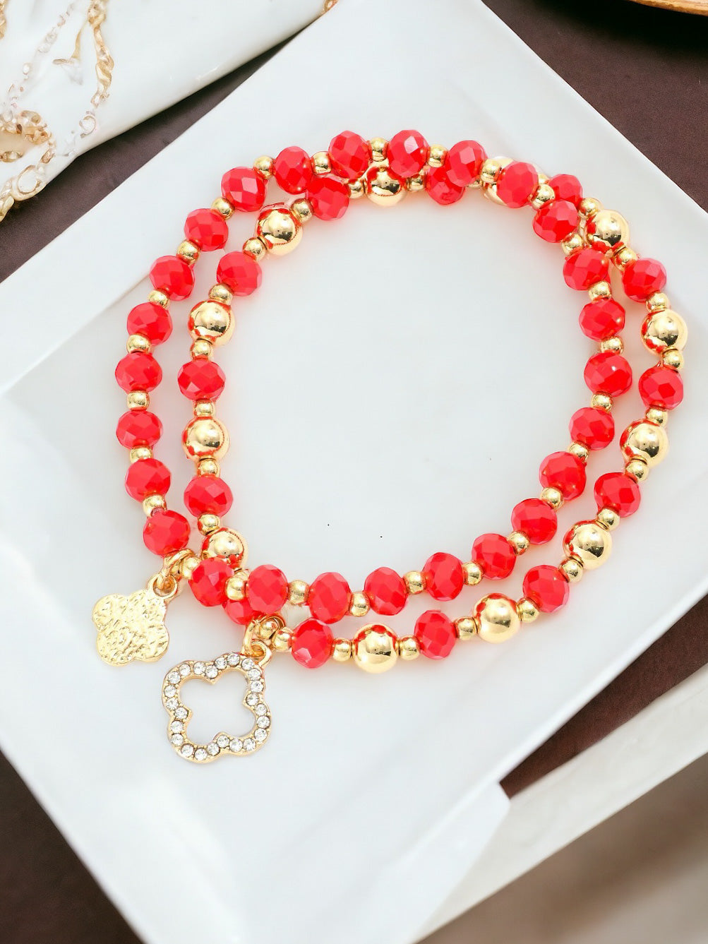 Clover Charm Bracelet Set, Red