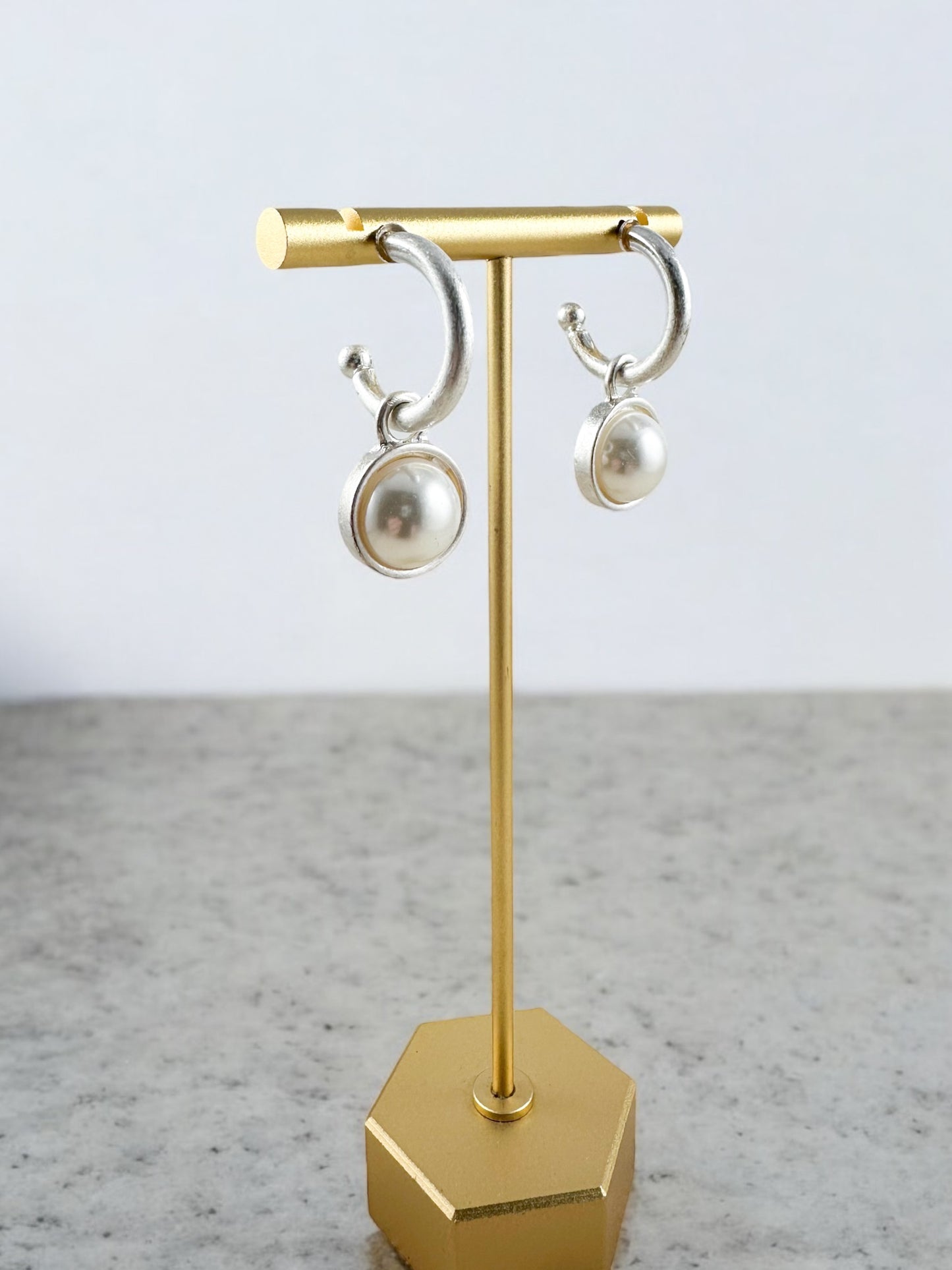 Sphere & Curve Hoops, Silver & Pearl