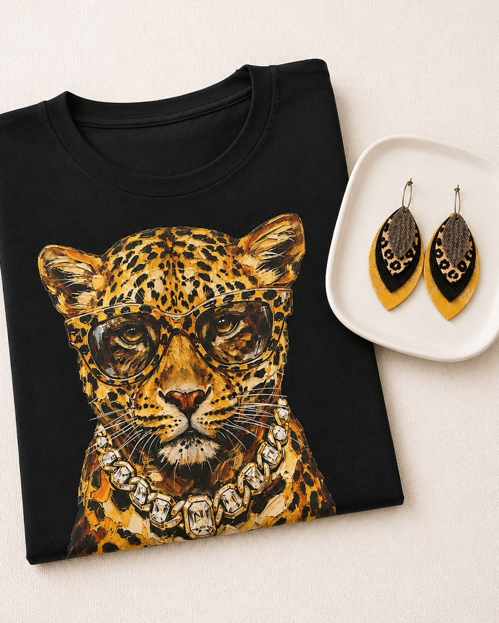 Black leopard graphic tee folded beside coordinating layered leopard, black, brown and metallic gold earrings in a white dish.