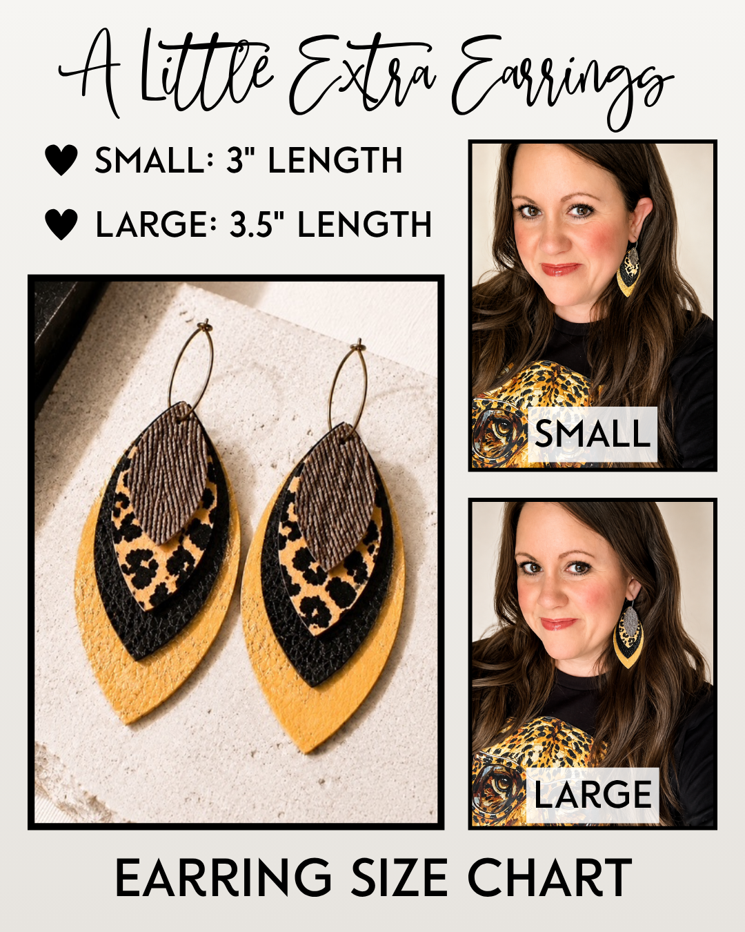 Earring sizing chart comparing the small 3-inch and large 3.5-inch layered statement earrings when worn.