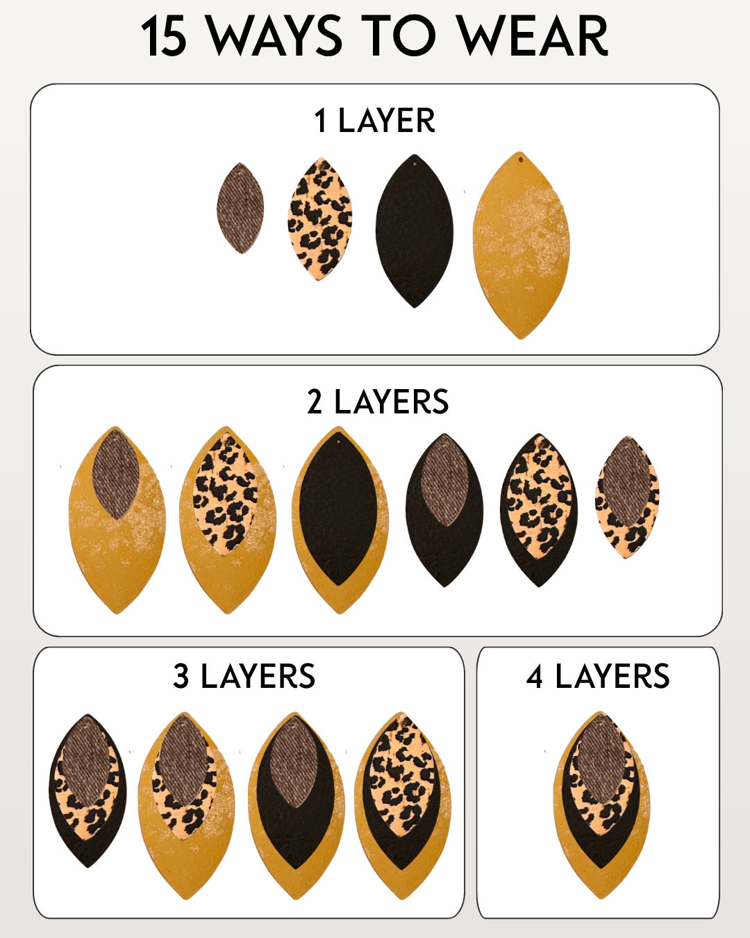 Mix and match earring chart showing 15 ways to wear the four removable leopard, black, brown and metallic gold layers.