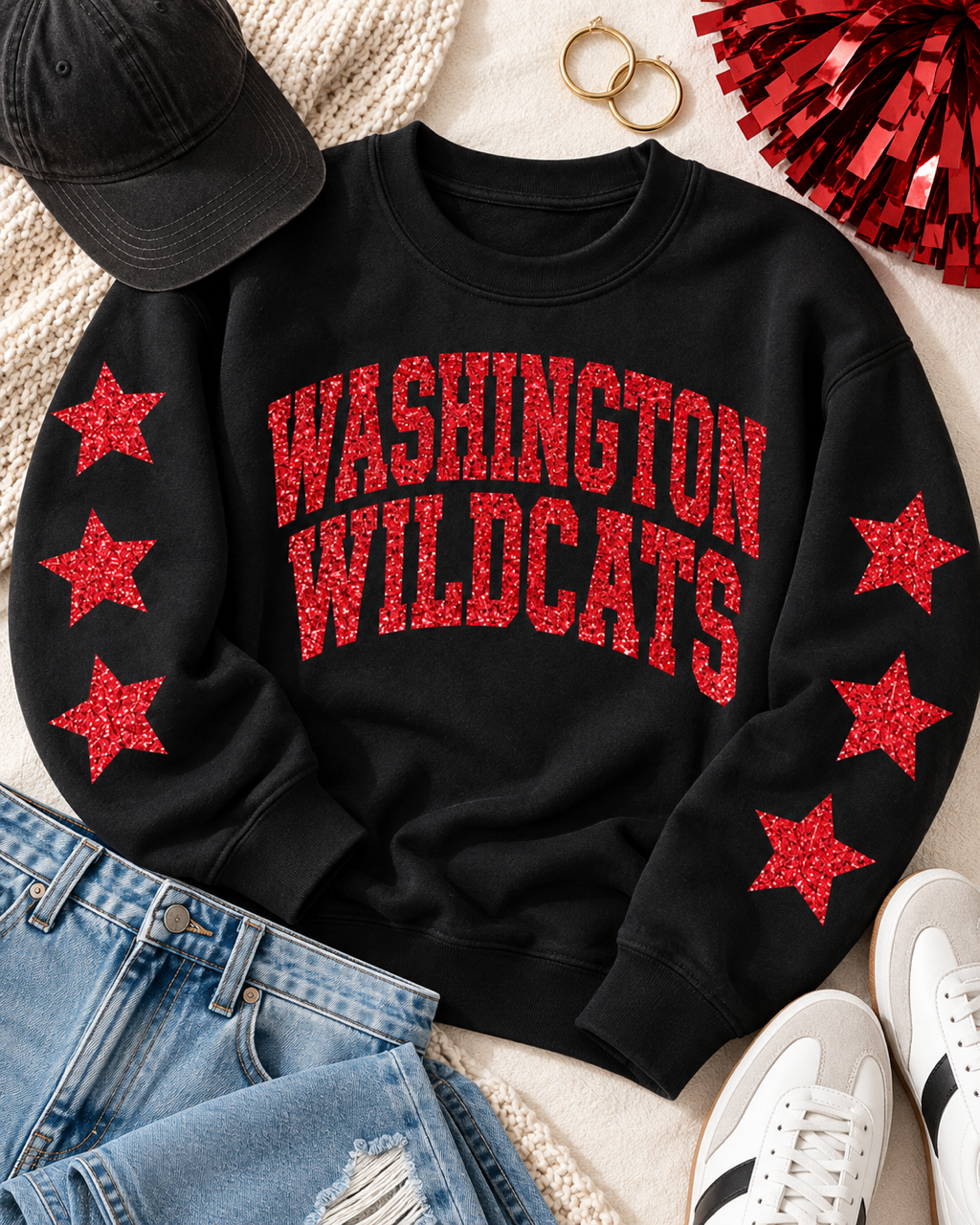 Black Washington Wildcats glitter sweatshirt styled with coordinating game day accessories in a boutique outfit flatlay.