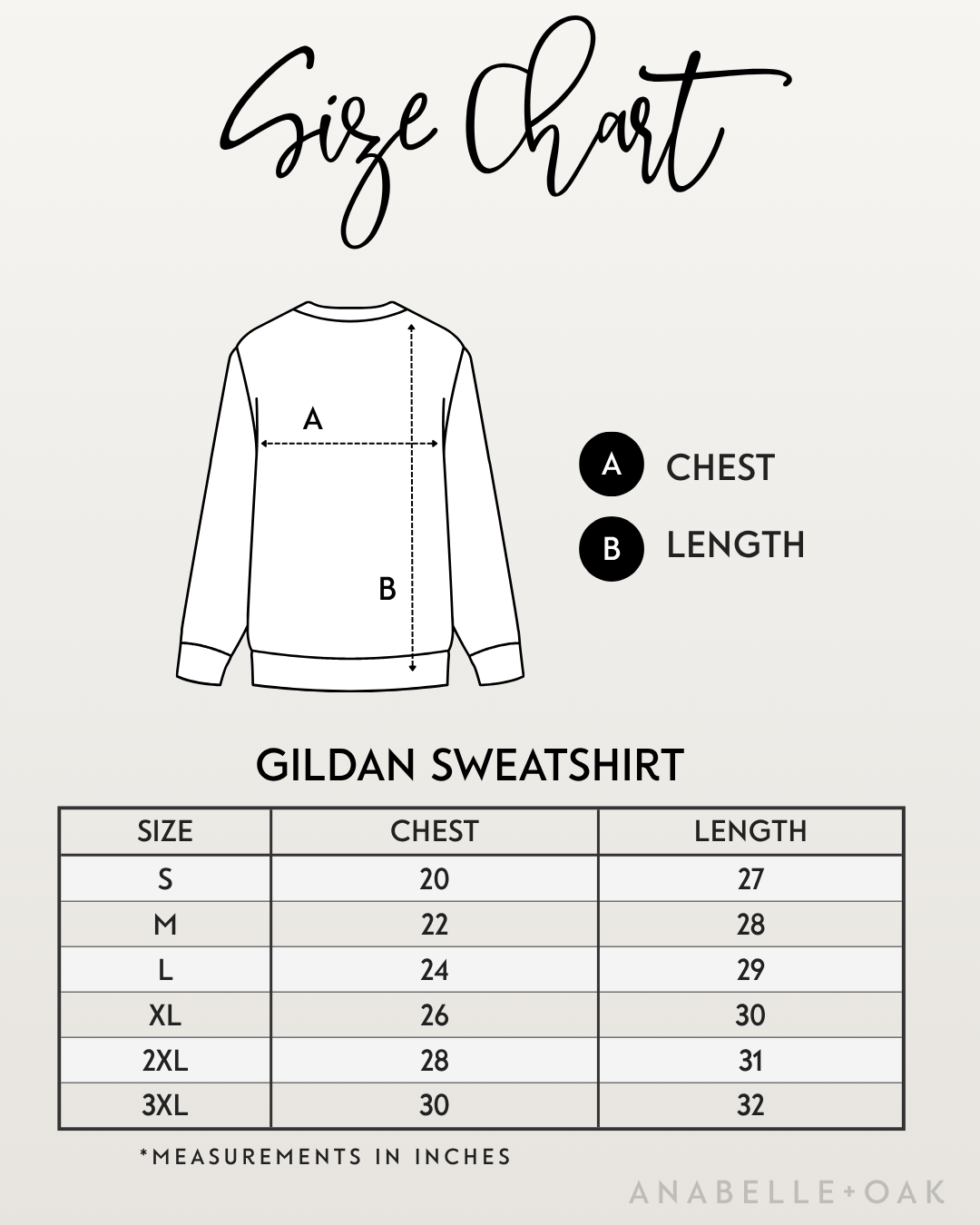 Gildan unisex crewneck sweatshirt size chart with measurements to help customers choose their All-Star Wildcat Sweatshirt size.