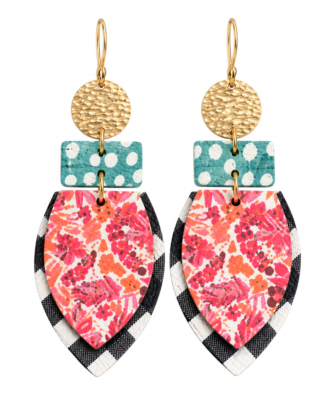 All the Pretty Things handmade leather and cork earrings on a plain white background, featuring gold hooks, hammered gold circles, turquoise and white polka dots, and layered pink and orange floral drops over black-and-white gingham.