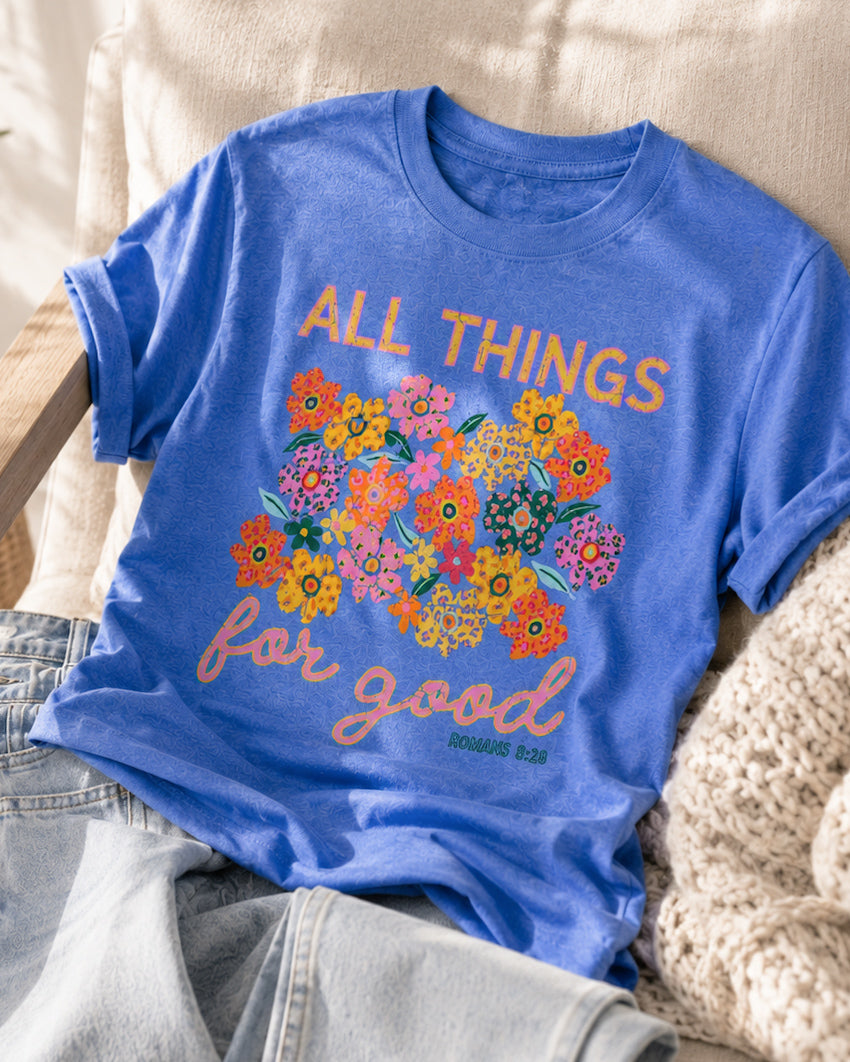 All Things for Good floral graphic tee styled with light wash jeans