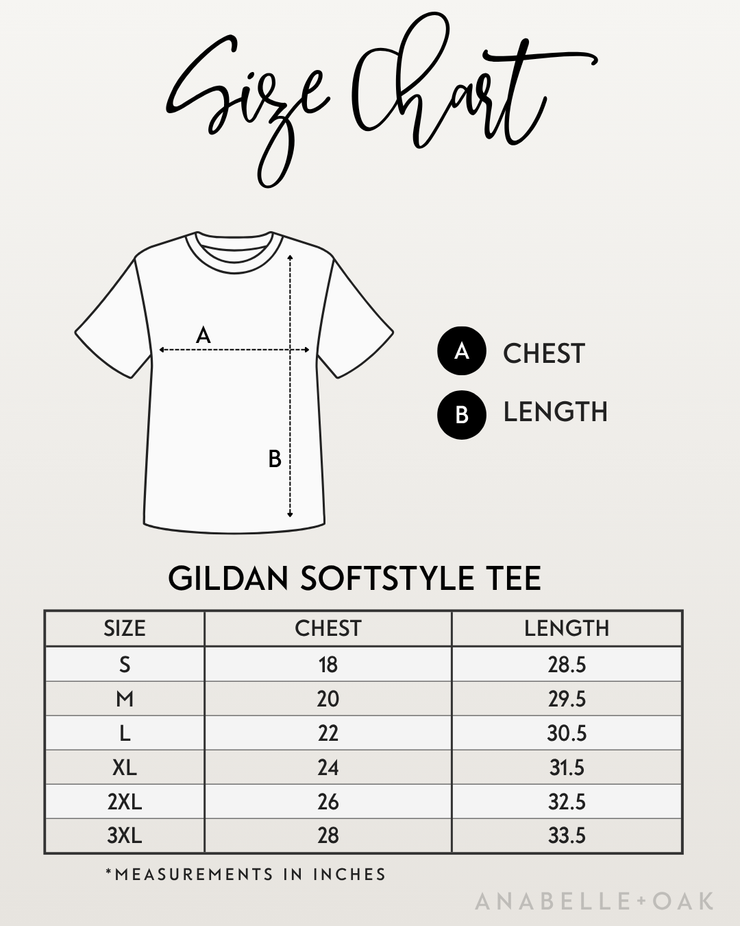 Size chart for All Things for Good Gildan SoftStyle tee in sizes S through 2XL